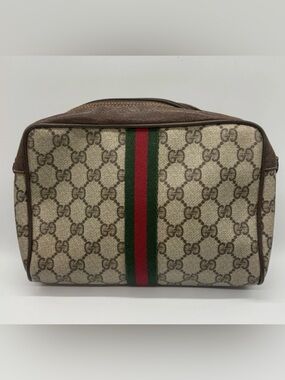 #67. Gucci Beige GG Canvas Pouch with Green and Red Web Stripe